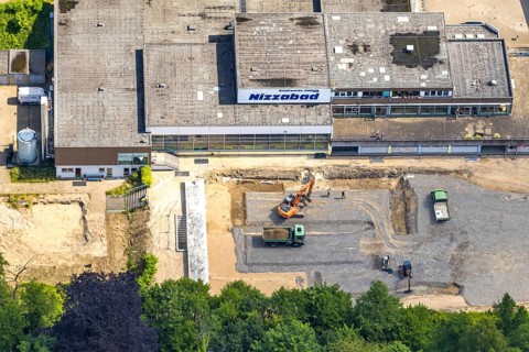 Aerial view, Nizzabad construction site, planned demolition for the construction of a new natural