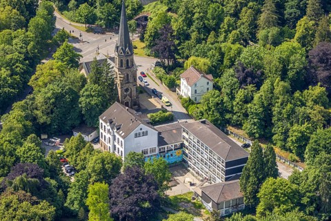 Aerial view, EventKirche Langenberg venue, catholic kindergarten and public library, Langenberg,