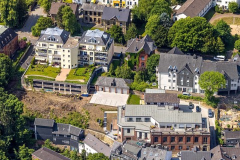 Aerial view, residential area and construction site Benderstraße corner Wiemerstraße, Oberbonsfeld,