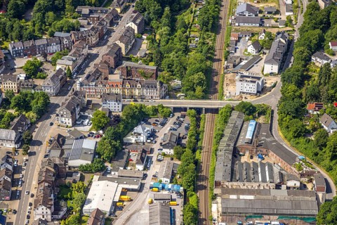 Aerial view, construction site with new building on Heeger Straße bridge, Heegerstraße residential