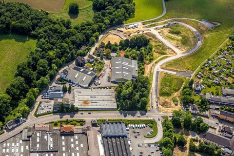 Aerial view, construction site and development of new residential area Fellershof an der