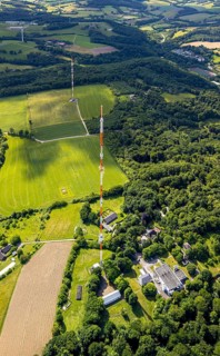 Aerial photo, radio masts Westdeutscher Rundfunk transmitter Langenberg in nature reserve, WDR