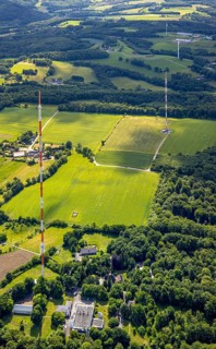 Aerial photo, radio masts Westdeutscher Rundfunk transmitter Langenberg in nature reserve, meadows
