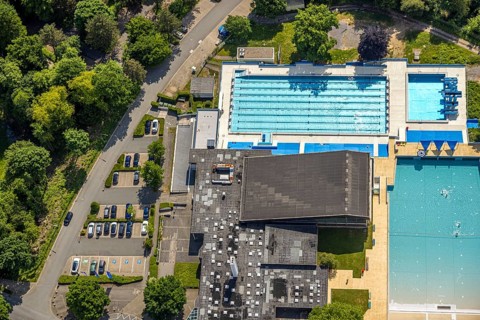 Aerial view, Panoramabad Velbert-Neviges outdoor and indoor swimming pool, Neviges, Velbert, Ruhr