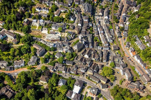 Aerial view, residential area old town with protestant old church Langenberg, below the catholic