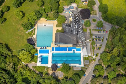 Aerial view, Panoramabad Velbert-Neviges outdoor and indoor swimming pool, Neviges, Velbert, Ruhr