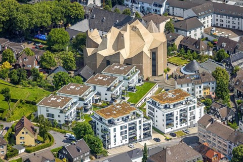 Aerial view, Mariendom and futuristic roof construction of the catholic church, Franciscan