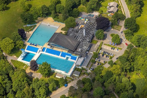 Aerial view, Panoramabad Velbert-Neviges outdoor and indoor swimming pool, Neviges, Velbert, Ruhr