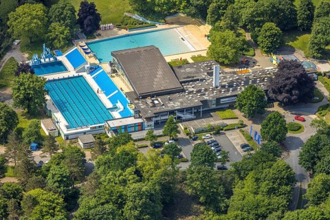Aerial view, Panoramabad Velbert-Neviges outdoor and indoor swimming pool, Neviges, Velbert, Ruhr