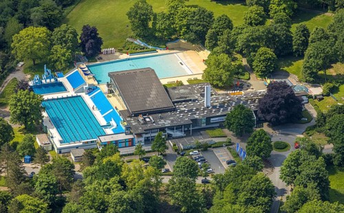 Aerial view, Panoramabad Velbert-Neviges outdoor and indoor swimming pool, Neviges, Velbert, Ruhr