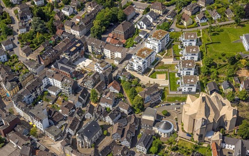 Aerial view, futuristic roof construction of the Catholic Church Mariendom, Franciscan monastery