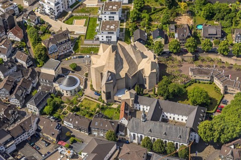 Aerial view, futuristic roof construction of the catholic church Mariendom, Franciscan monastery