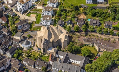 Aerial view, futuristic roof construction of the catholic church Mariendom, Franciscan monastery