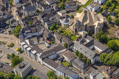 Aerial view, futuristic roof construction of the catholic church Mariendom, Franciscan monastery