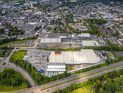 Aerial view, OBI Markt Velbert DIY store and commercial area Güterstraße, Velbert, Ruhr area, North