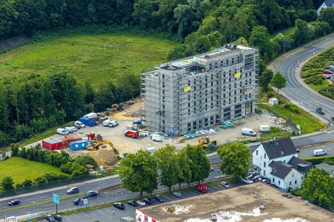Aerial view, construction site with new hotel building on the corner of Flandersbacher Weg and