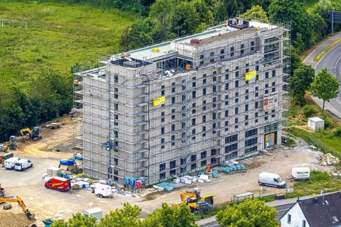 Aerial view, construction site with new hotel building on the corner of Flandersbacher Weg and