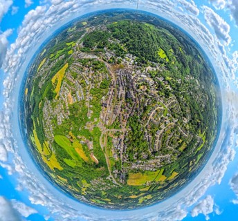 Residential area local view Langenberg, earth globe, fisheye image, fisheye image, 360 degree