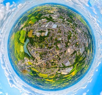 Residential area townscape Velbert with Nevigeser Straße, earth globe, fisheye, Velbert centre,