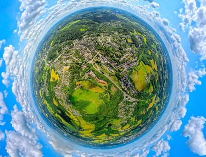Residential area local view Langenberg, earth globe, fisheye image, fisheye image, 360 degree