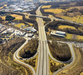 Aerial view, motorway junction Olpe-Süd with motorway A45 and motorway A4 and junction Wenden,