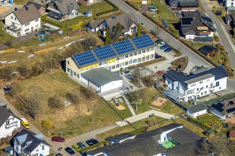 Aerial view, school family centre St. Severinus with solar roof, Agathastrasse, Möllmicke, Wenden,