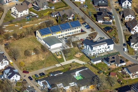 Aerial view, school family centre St. Severinus with solar roof, Agathastrasse, Möllmicke, Wenden,