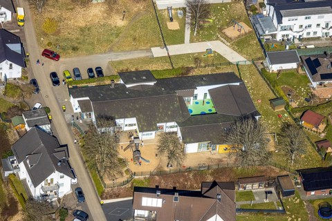 Aerial view, school family centre St. Severinus with solar roof, Agathastrasse, Möllmicke, Wenden,