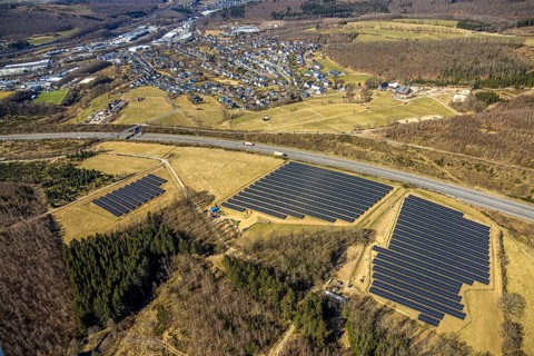 Aerial photo, solar park at Bieberg on the A4 motorway, Dahl, Olpe, Sauerland, North