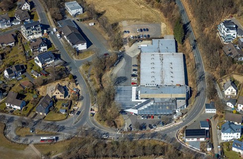 Aerial view, shopping centre with HIT supermarket, Wenden, Sauerland, North Rhine-Westphalia,