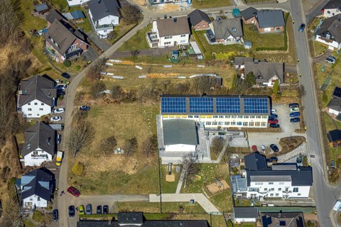 Aerial view, school family centre St. Severinus with solar roof, Agathastrasse, Möllmicke, Wenden,