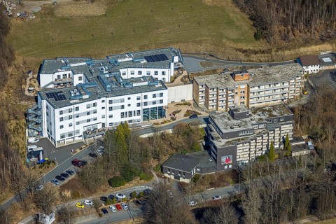 Aerial view, St. Josefsheim retirement home, Caritas centre new building construction site, Wenden,