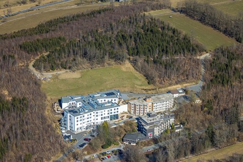 Aerial view, St. Josefsheim retirement home, Caritas centre new building construction site, Wenden,
