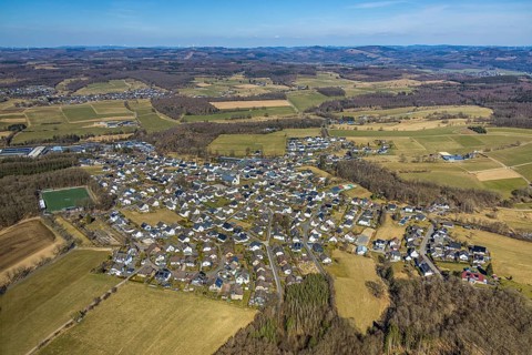 Aerial view, meadows and fields with distant view, football stadium sports field FC Altenhof,