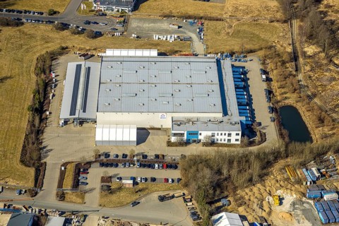 Aerial view, commercial area Hünsborn Süd-West Rheinauer Straße with Wesco KG wholesaler, Hünsborn,