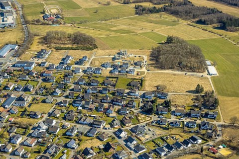 Aerial view, residential area, new construction single-family house, housing estate Über der Delle