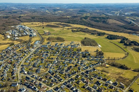 Aerial view, residential area, new construction single-family house, housing estate Über der Delle