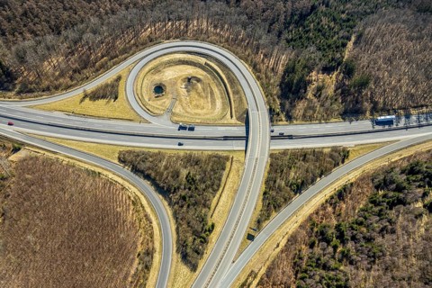 Aerial view, motorway junction Krombach, motorway A4 and federal road B54, border triangle,