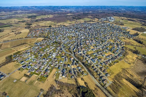 Aerial view, district Hünsborn, residential area general view with distant view, Hünsborn, Wenden,