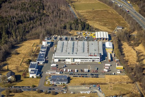 Aerial view, commercial area Hünsborn Süd-West Rheinauer Straße with WeberHaus GmbH Hünsborn,