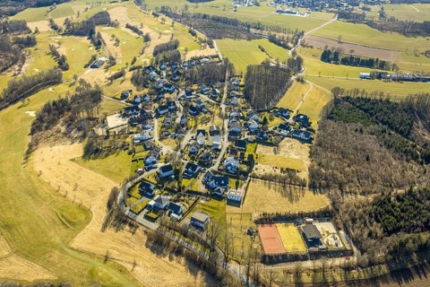 Aerial view, golf course Dörnscheid, Golfclub Siegen-Olpe, golf meadow and bunker with golf player,