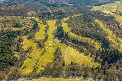 Aerial view, golf course Dörnscheid, Golfclub Siegen-Olpe, golf meadow and bunker with golf player,