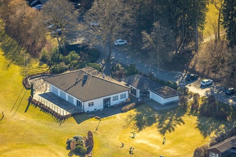 Aerial view, golf course Dörnscheid, Golfclub Siegen-Olpe, golf meadow and bunker with golf