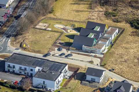 Aerial view, construction site and new building Kita GFO Kindergarten St. Anna Hünsborn, Über der