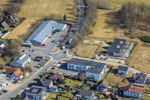 Aerial view, construction site and new building Kita GFO Kindergarten St. Anna Hünsborn, Über der