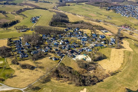 Aerial view, golf course Dörnscheid, Golfclub Siegen-Olpe, golf meadow and bunker with golf player,