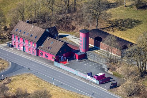 Aerial view, nudist club Schlaraffenland, pink-coloured red light district Wilhelmstal, state road