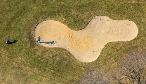 Aerial view, golf course Dörnscheid, Golfclub Siegen-Olpe, golf meadow and bunker with golf player,