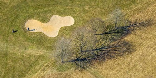 Aerial view, golf course Dörnscheid, Golfclub Siegen-Olpe, golf meadow and bunker with golf player,