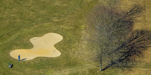 Aerial view, golf course Dörnscheid, Golfclub Siegen-Olpe, golf meadow and bunker with golf player,